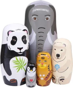 Home Decoration Winterworm 5 Pcs Animal Themed Nesting Dolls Cartoon Elephant Panda Fox Penguin Tiger Matryoshka Russian Dolls for Kids Toy Birthday Christmas ambivalent coyote plantlike virtual New Year Gift 