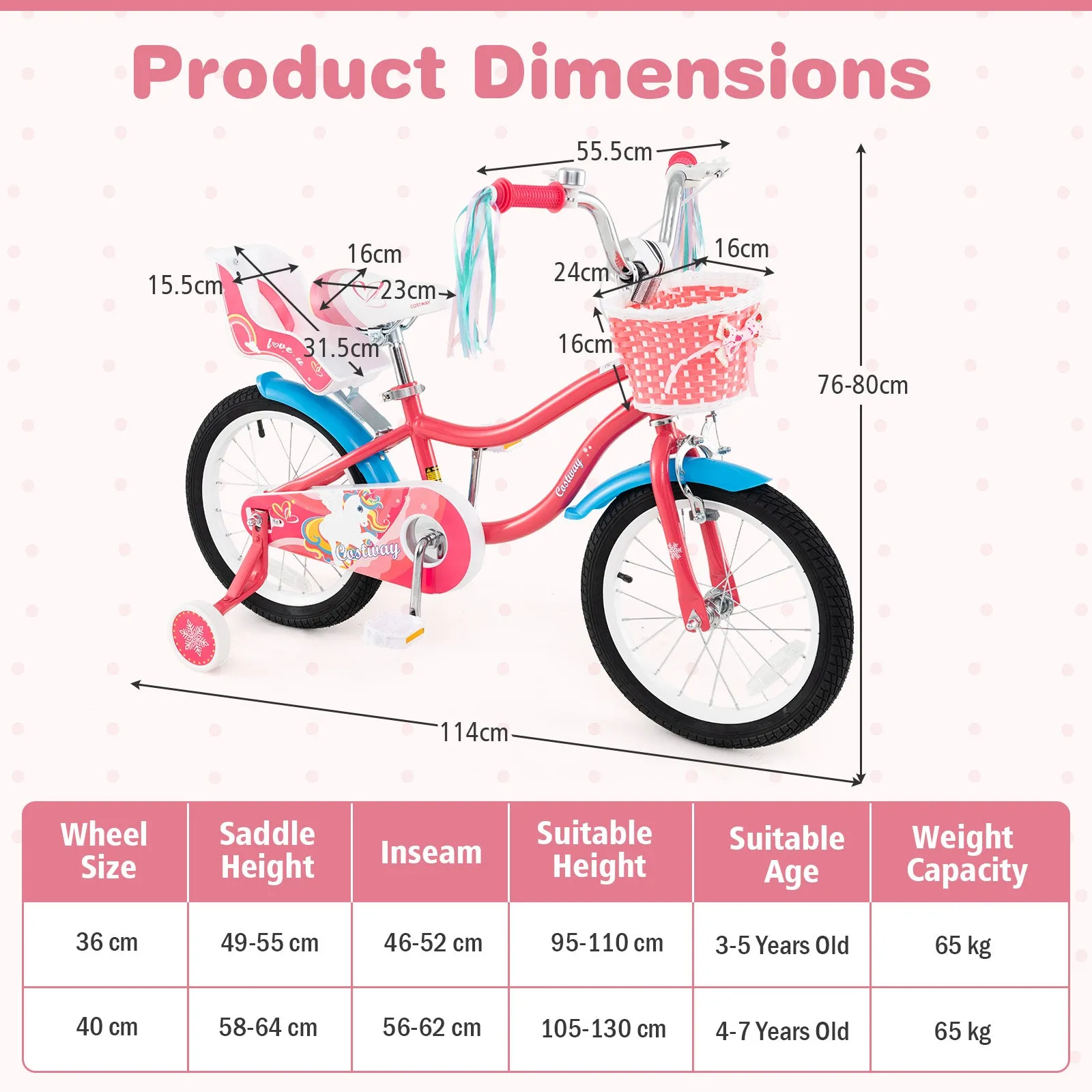 HONEY JOY 14"/16" Kids Bike Ride On Bicycle Training Wheels w/Basket 3-5 Years
