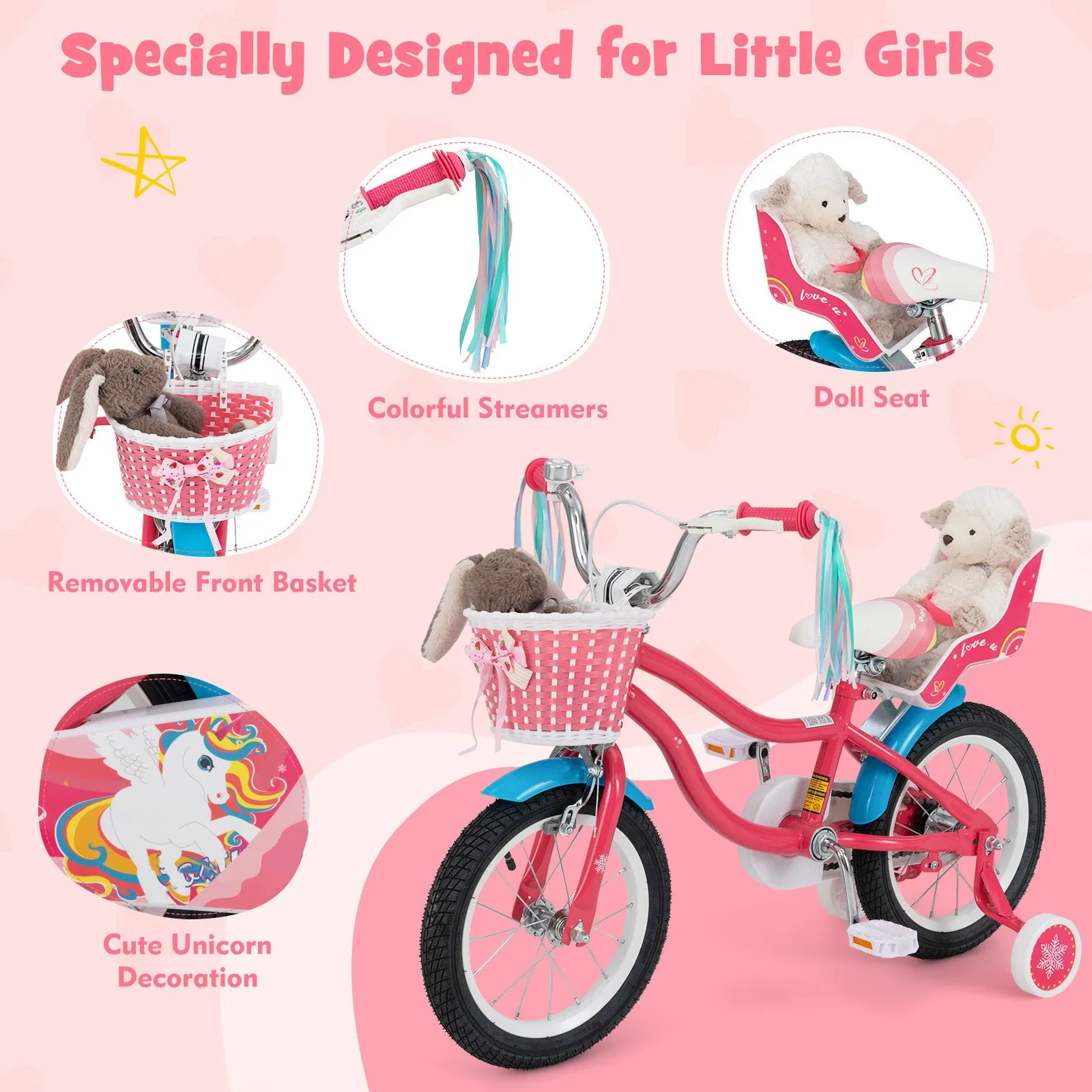 HONEY JOY 14"/16" Kids Bike Ride On Bicycle Training Wheels w/Basket 3-5 Years