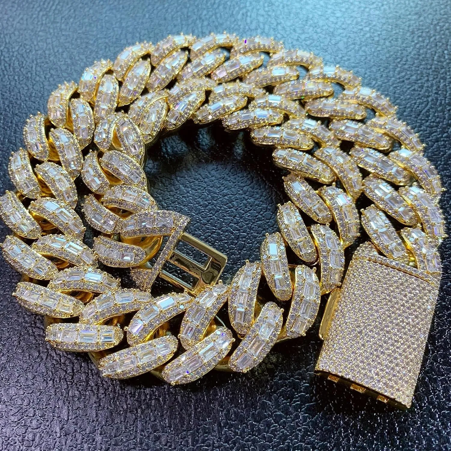 Hop Jewelry for Men ICEDIAMOND 18K 25MM Luxury champagne Brilliant Baguette CZ Diamond Bubble Cuban Chain Necklace, Gold Plated Iced Out Micro Pave 5A Zirconia Hip 