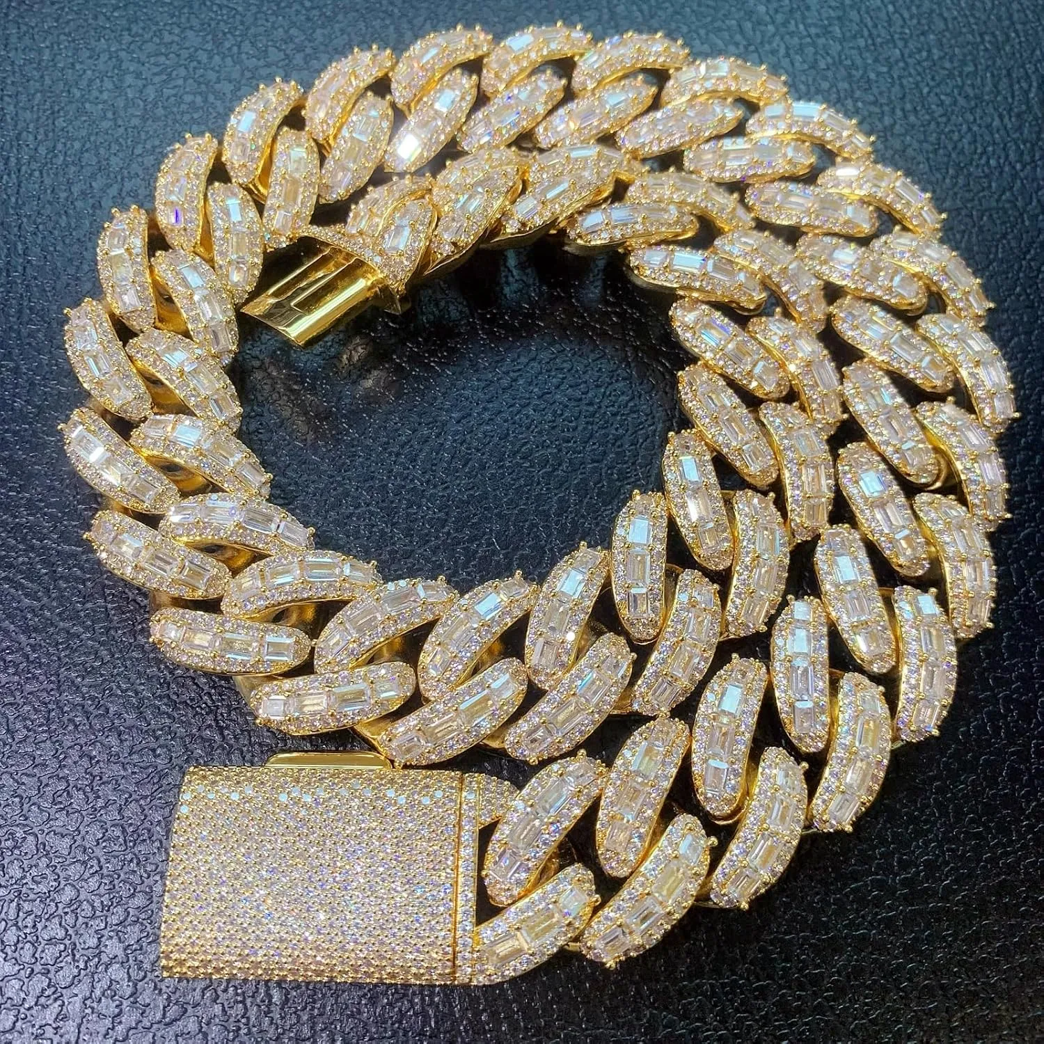 Hop Jewelry for Men ICEDIAMOND 18K 25MM Luxury champagne Brilliant Baguette CZ Diamond Bubble Cuban Chain Necklace, Gold Plated Iced Out Micro Pave 5A Zirconia Hip 