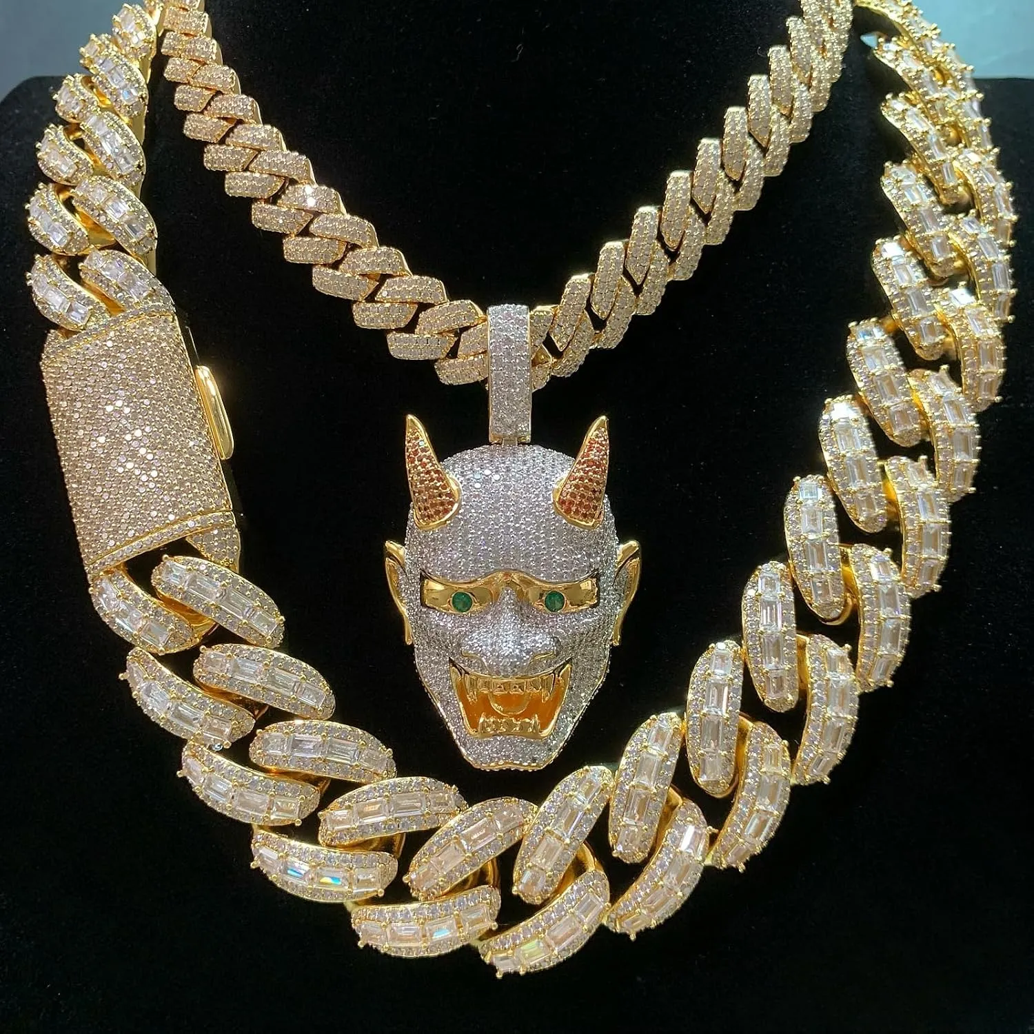 Hop Jewelry for Men ICEDIAMOND 18K 25MM Luxury champagne Brilliant Baguette CZ Diamond Bubble Cuban Chain Necklace, Gold Plated Iced Out Micro Pave 5A Zirconia Hip 