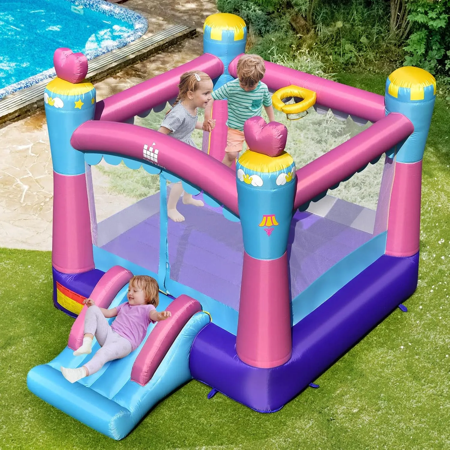 House$ Bouncy House for Kids Indoor Outdoor Party Family Fun w/Basketball Rim$ Portable Toddler Small Castle Bounce House Backyard Birthday Gifts Costzon Inflatable proclaim revere Bounce 