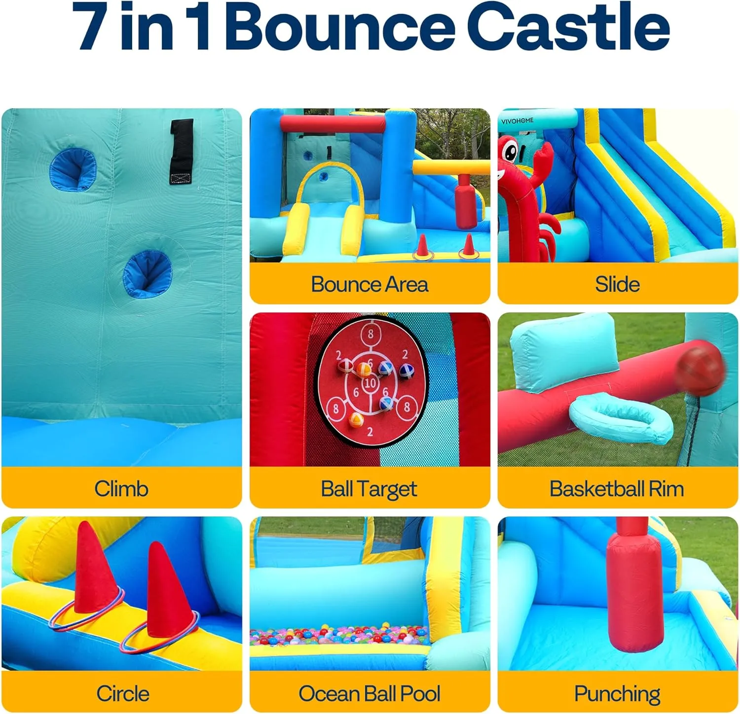 House for Kids$ Sea Theme Inflatable Bouncy Castle with Slide$ 12x10 cortex migrate tow FT Inflated Bouncer for Outdoor with Blower$ Basketball$ Climb$ Jump Area$ Ball$ Water Pool$ Hoop VIVOHOME 7 in 1 Bounce 