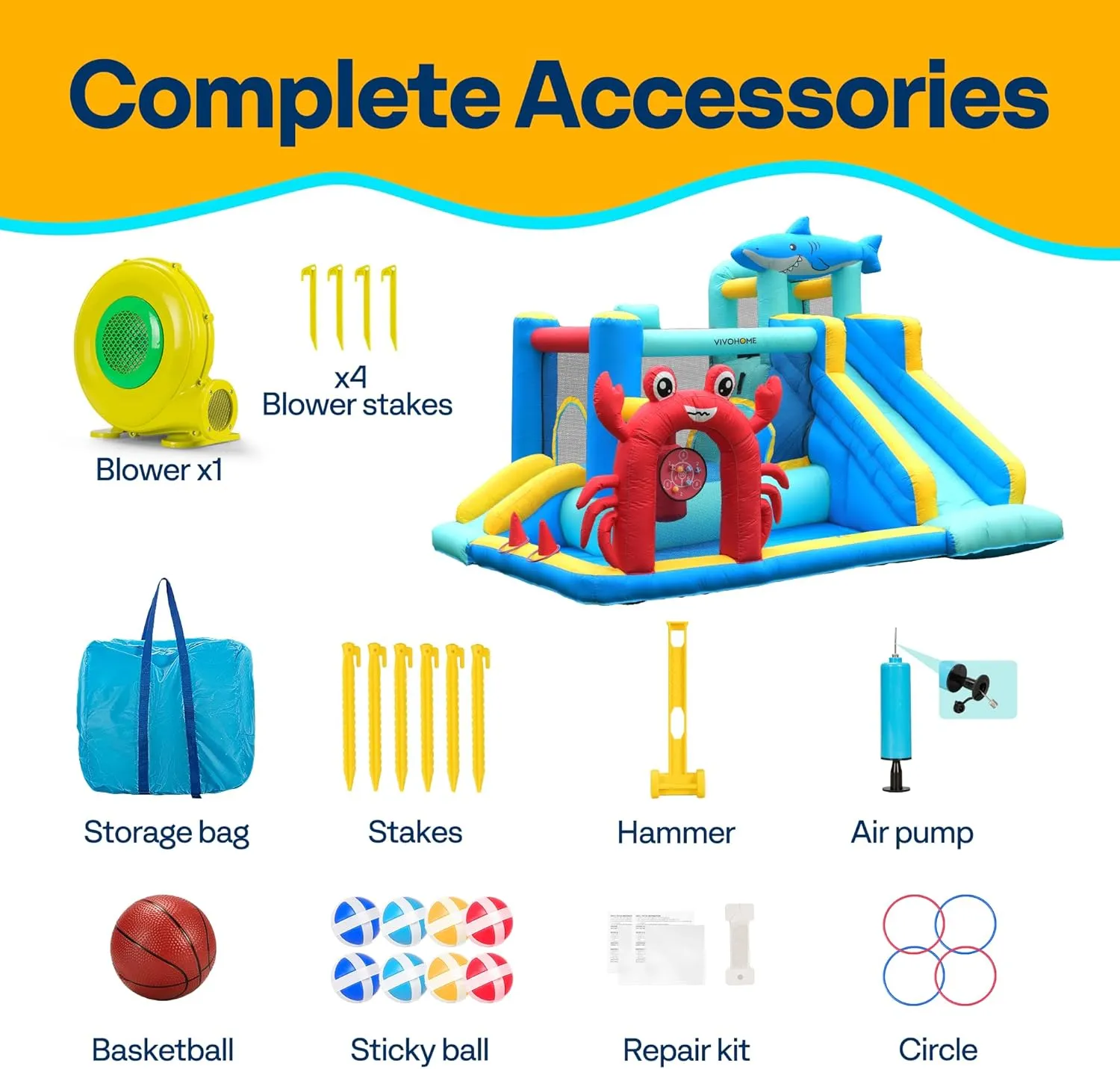 House for Kids$ Sea Theme Inflatable Bouncy Castle with Slide$ 12x10 cortex migrate tow FT Inflated Bouncer for Outdoor with Blower$ Basketball$ Climb$ Jump Area$ Ball$ Water Pool$ Hoop VIVOHOME 7 in 1 Bounce 
