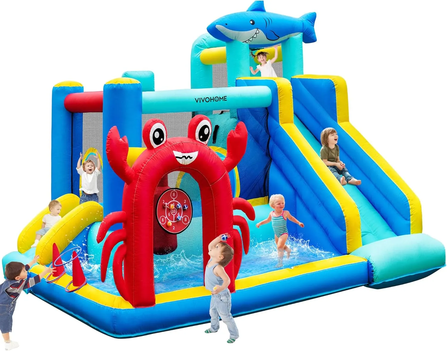 House for Kids$ Sea Theme Inflatable Bouncy Castle with Slide$ 12x10 cortex migrate tow FT Inflated Bouncer for Outdoor with Blower$ Basketball$ Climb$ Jump Area$ Ball$ Water Pool$ Hoop VIVOHOME 7 in 1 Bounce 