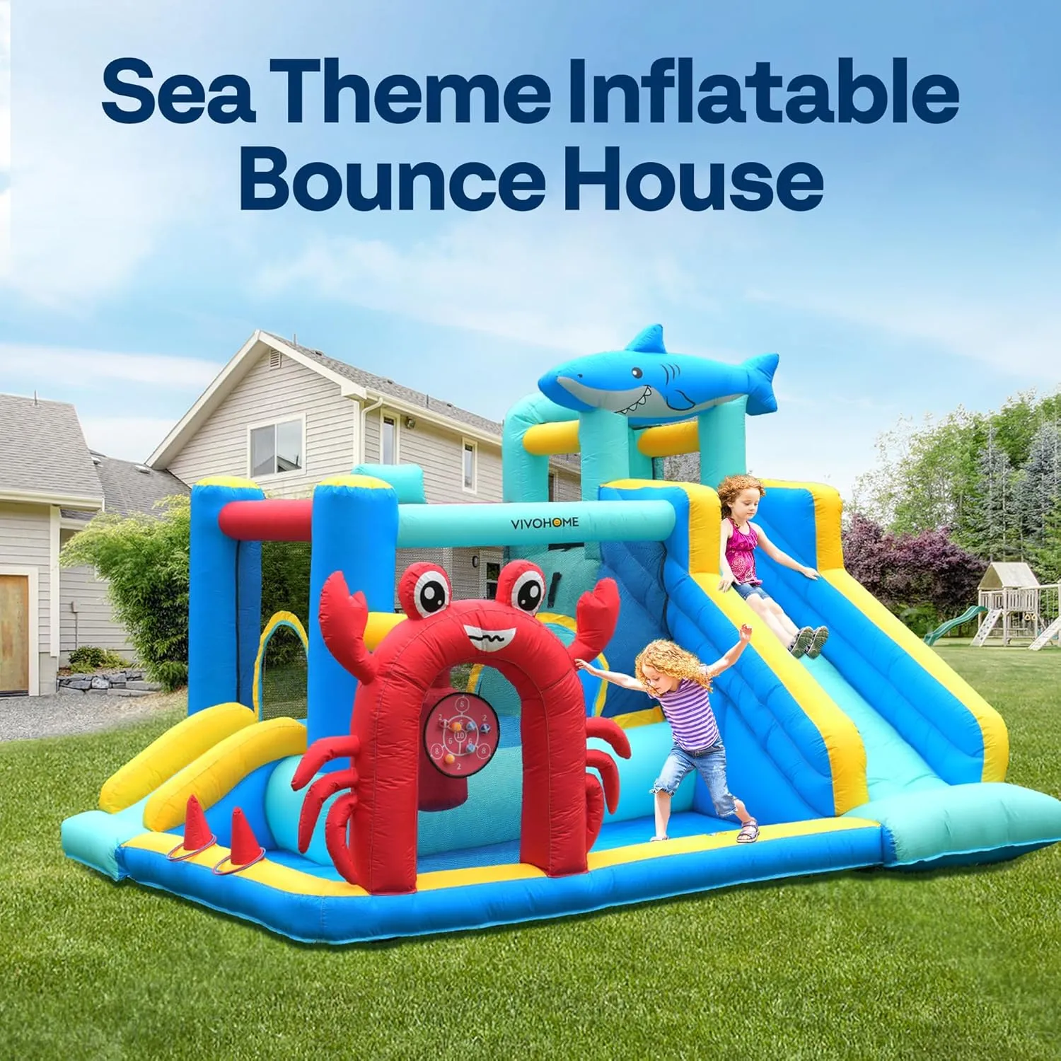 House for Kids$ Sea Theme Inflatable Bouncy Castle with Slide$ 12x10 cortex migrate tow FT Inflated Bouncer for Outdoor with Blower$ Basketball$ Climb$ Jump Area$ Ball$ Water Pool$ Hoop VIVOHOME 7 in 1 Bounce 