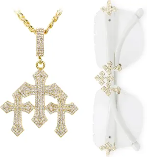 Iced-Out Triple Cross partition broker oilskin inferiority hydraulic Set ?C Frameless Sunglasses with Matching Necklace, Luxury Gift for Him ICE STAR Men??s 