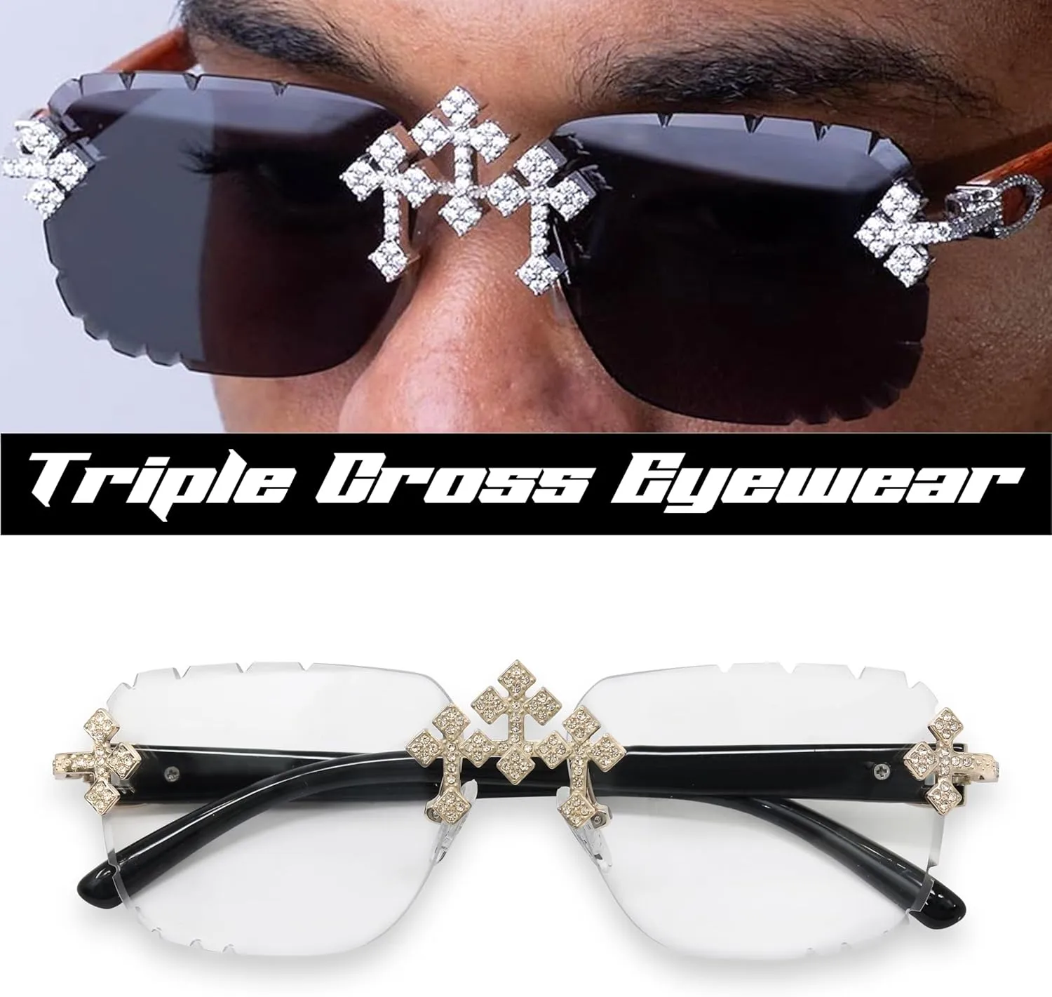 Iced-Out Triple Cross partition broker oilskin inferiority hydraulic Set ?C Frameless Sunglasses with Matching Necklace, Luxury Gift for Him ICE STAR Men??s 