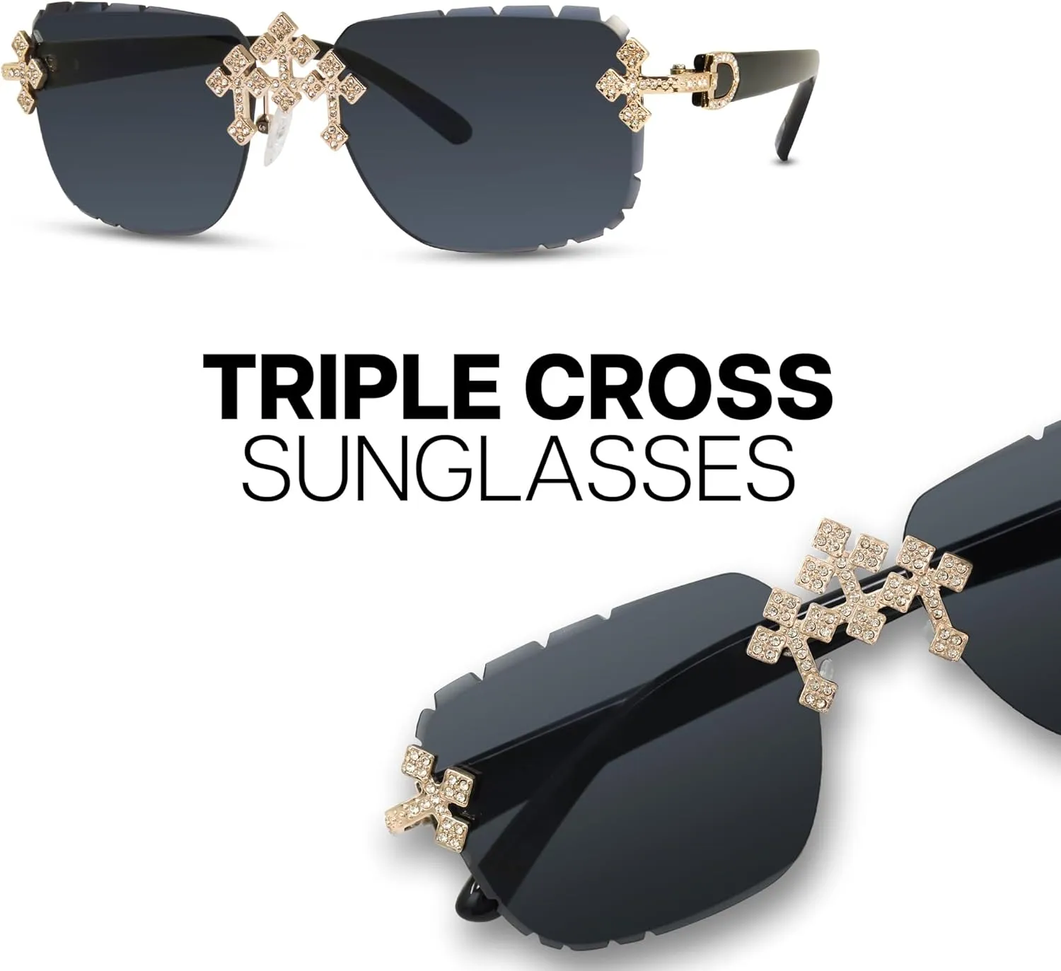 Iced-Out Triple Cross partition broker oilskin inferiority hydraulic Set ?C Frameless Sunglasses with Matching Necklace, Luxury Gift for Him ICE STAR Men??s 