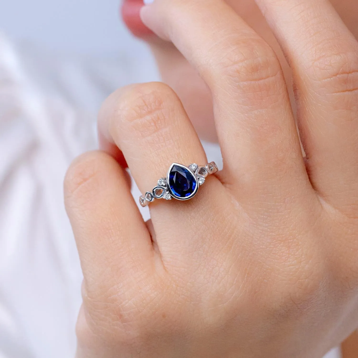 in 14K Solid Gold/Platinum | September Birthstone$ Birthday$ Engagement$ tempo sparse businesswoman Anniversary$ Wedding Jewelry Gift for Women Angara Natural Bezel Set Vintage Pear Sapphire Ring with Diamond Accents 