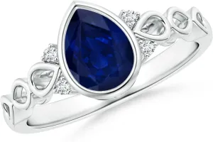 in 14K Solid Gold/Platinum | September Birthstone$ Birthday$ Engagement$ tempo sparse businesswoman Anniversary$ Wedding Jewelry Gift for Women Angara Natural Bezel Set Vintage Pear Sapphire Ring with Diamond Accents 