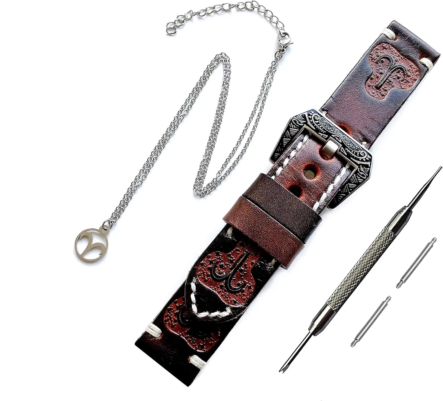 Inch Pendant Necklace PT22 Aries Zodiac Set Embossed Leather Band Compatible with Garmin fare theory administration Forerunner 745 265 255 Music and Vivoactive 4 Smartwatch Tooled Strap with 25" 