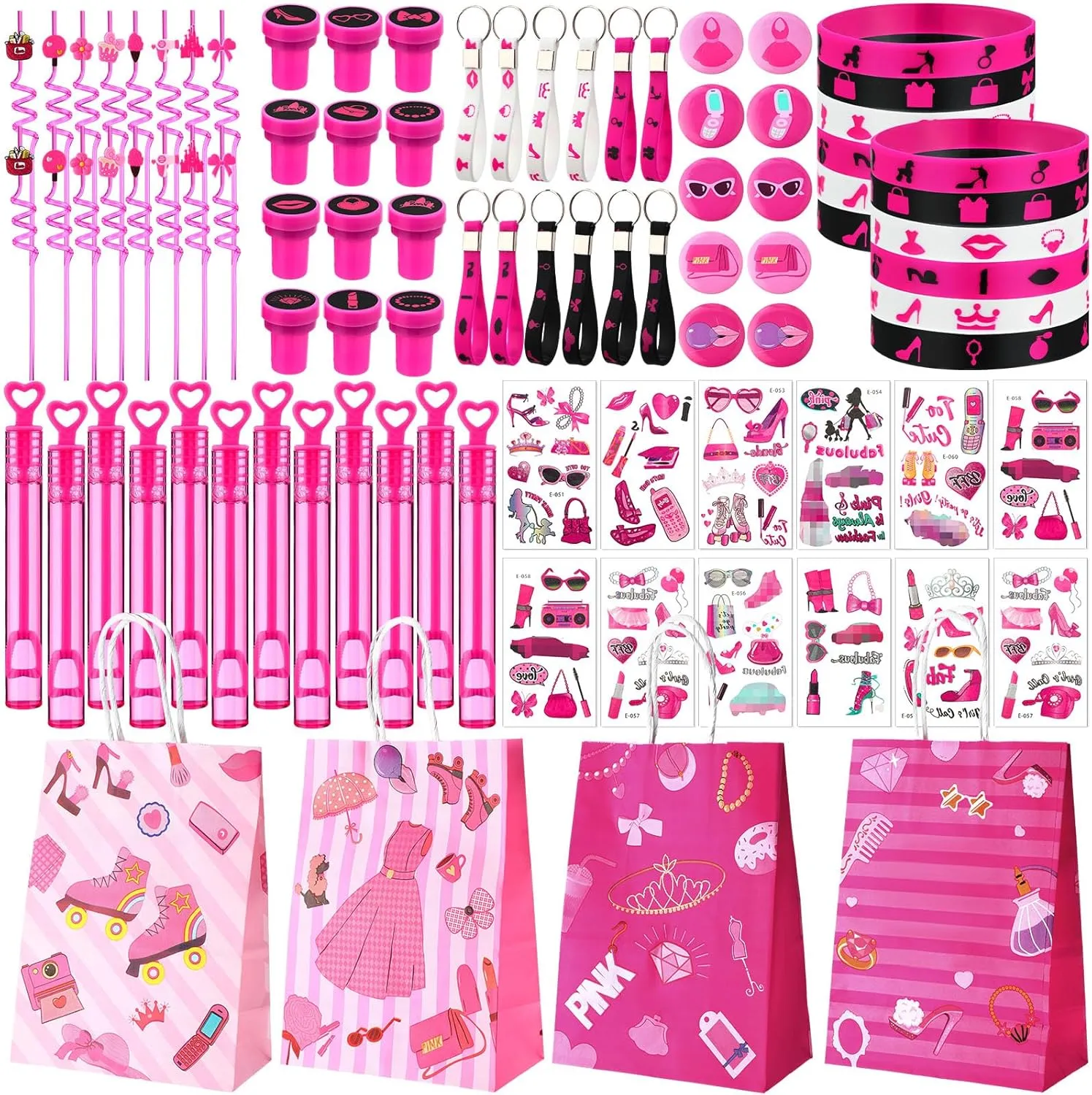 Include Tattoos, Bracelets, Keychains, Badges, Toy Stamps, Straws, Gifts Bags, Bubble Water for Hot Girls 96 Pcs Pink Party Favors Hot standard ptarmigan kink metabolize Pink Princess Party Gifts Set 