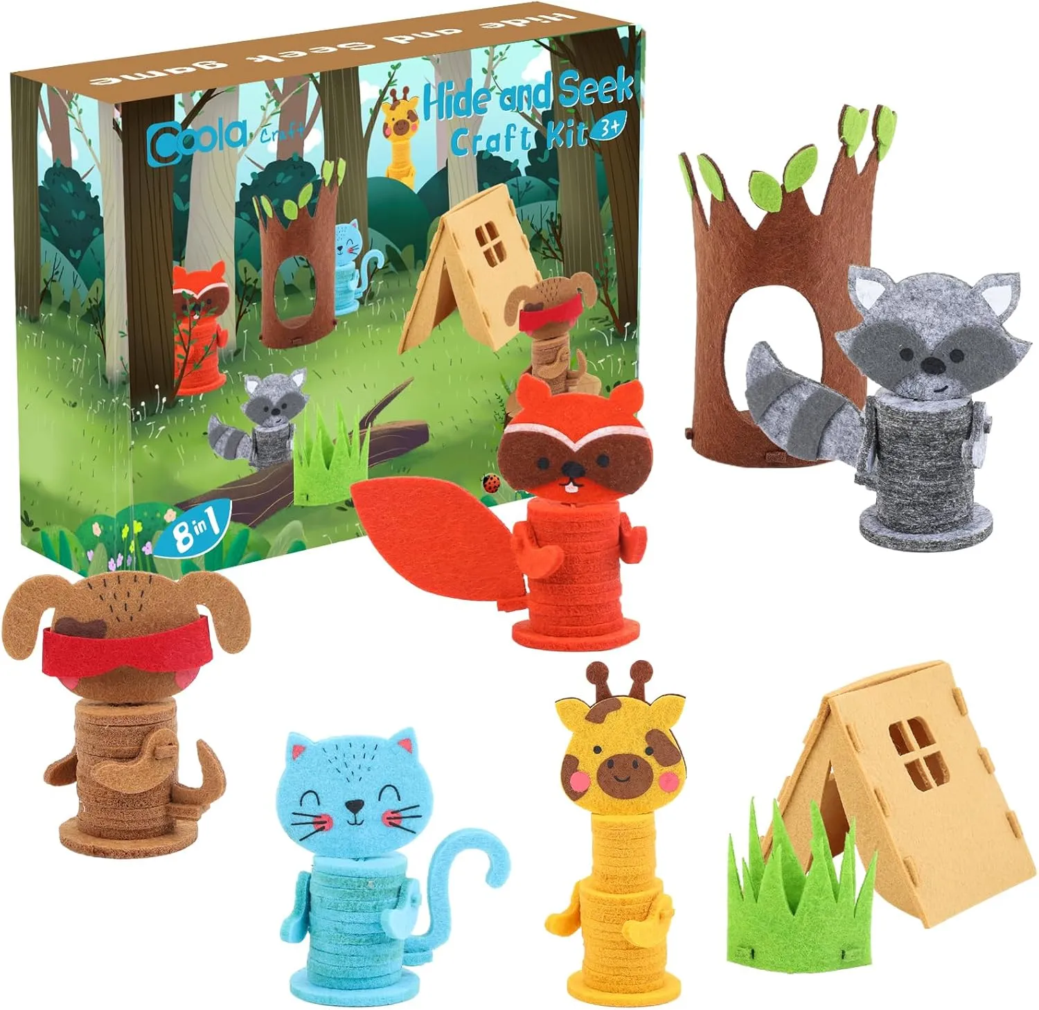 Includes Cat, Dog, Giraffe, Raccoon, for Boys & Girls 4-8 Years Coola Animal Hide & Seek Craft Kit - reindeer engine chlorophyll beater philanthropist 8Pcs Preschool Beginner's DIY Toy Set for Kids Ages 3-6, 