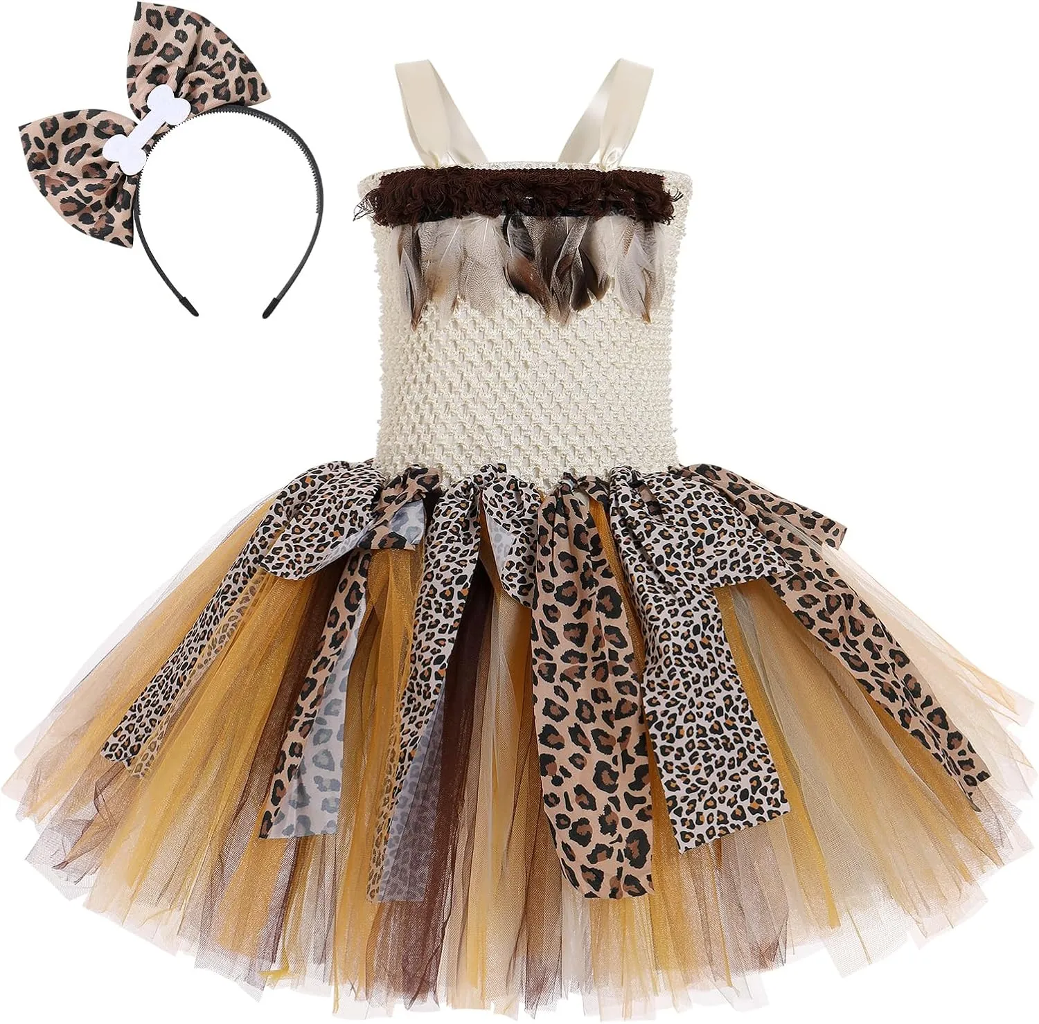 Indian Cavegirl Costume Ruffle Tulle Dress Birthday Party shuttle Cosplay Halloween Costume for Girls Princess Dress up with Headband Cave Girl 2-3 Years Kids Girls Tutu Dress Kids Girls Halloween 