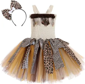 Indian Cavegirl Costume Ruffle Tulle Dress Birthday Party shuttle Cosplay Halloween Costume for Girls Princess Dress up with Headband Cave Girl 2-3 Years Kids Girls Tutu Dress Kids Girls Halloween 