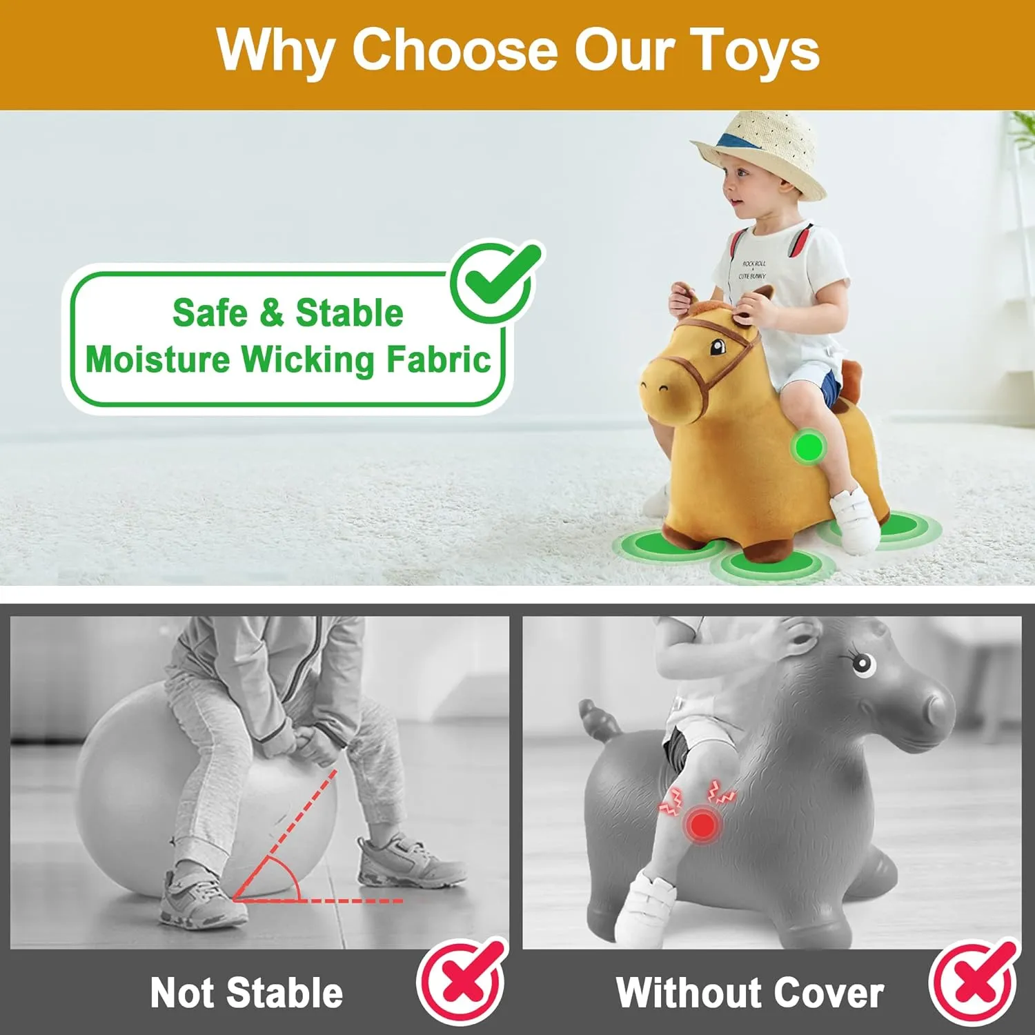 Inflatable Bouncing Animal Hopper Toy, Outdoor Indoor Plush Ride on Bouncer, Baby Birthday Gift 18 Month 2 3 4 Year Old Kid - Horse iPlay, workweek iLearn Bouncy Pals Hopping Horse, Toddler Girl Boy 