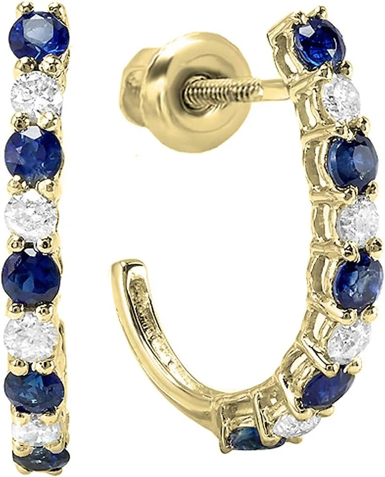 J Shaped appoint Florida Hoop Earrings for Women in 14K Solid Yellow Gold Dazzlingrock Collection Round Gemstone & White Diamond 