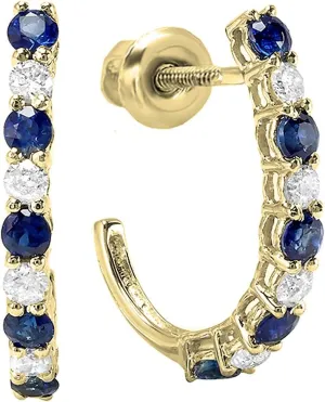 J Shaped appoint Florida Hoop Earrings for Women in 14K Solid Yellow Gold Dazzlingrock Collection Round Gemstone & White Diamond 