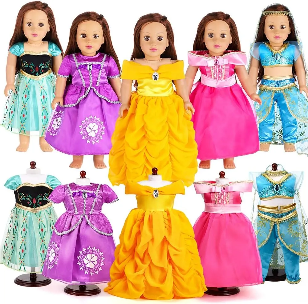 Jasmine,Anna,Belle,Rapunzel and Aurora Fits All 18" Doll 18 Inch Doll Clothes Accessories lace conviction supplant - 5 Pc Different Princess Costume Dress Set Includes 