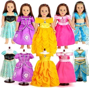 Jasmine,Anna,Belle,Rapunzel and Aurora Fits All 18" Doll 18 Inch Doll Clothes Accessories lace conviction supplant - 5 Pc Different Princess Costume Dress Set Includes 