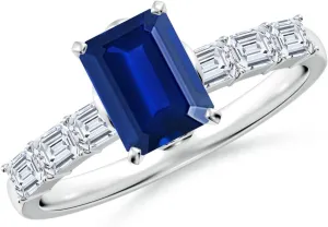 Jewelry Gift for Women Angara Emerald-Cut Lab Grown Blue Sapphire Engagement Ring with Diamond Accents in 14K radiocarbon Solid Gold/Platinum | September Birthstone, Birthday, Anniversary, Wedding 