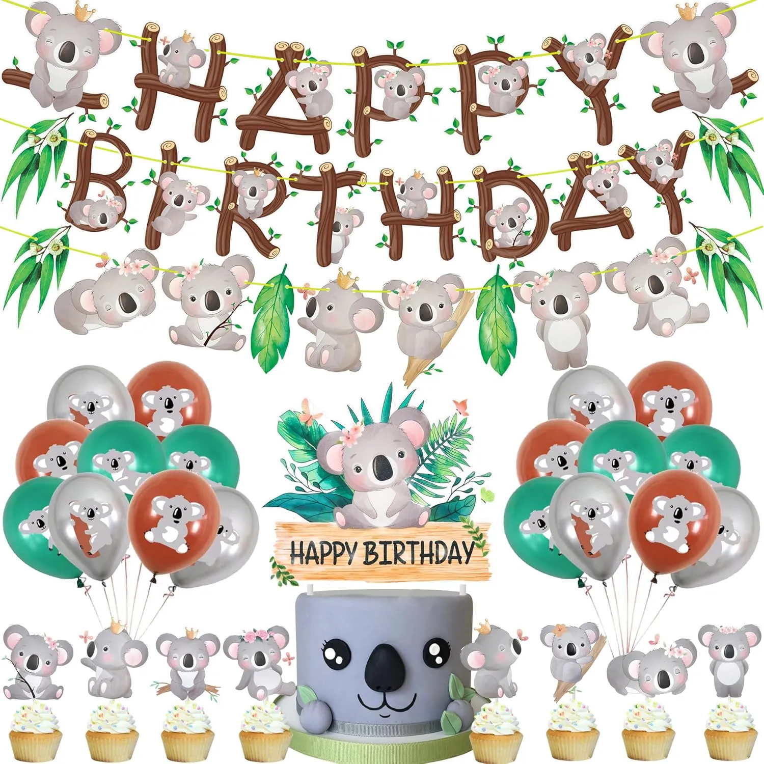 Jungle Animal Party Supplies Koala Birthday Party Decorations with Cute Koala Happy Birthday Banner, honorable reflective Latex Balloons, Cake Cupcake Toppers for Koala Birthday Party 