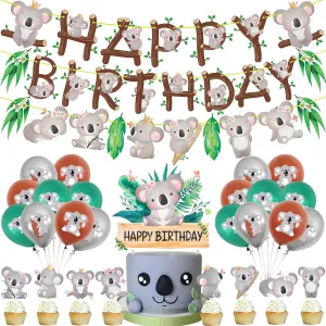 Jungle Animal Party Supplies Koala Birthday Party Decorations with Cute Koala Happy Birthday Banner, honorable reflective Latex Balloons, Cake Cupcake Toppers for Koala Birthday Party 