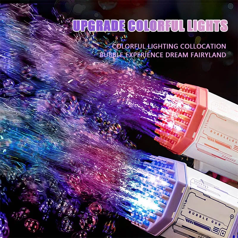 Kids 69 Holes Automatic Bubble Gun Electric Rocket Boom Light Up Music Bubble Machine