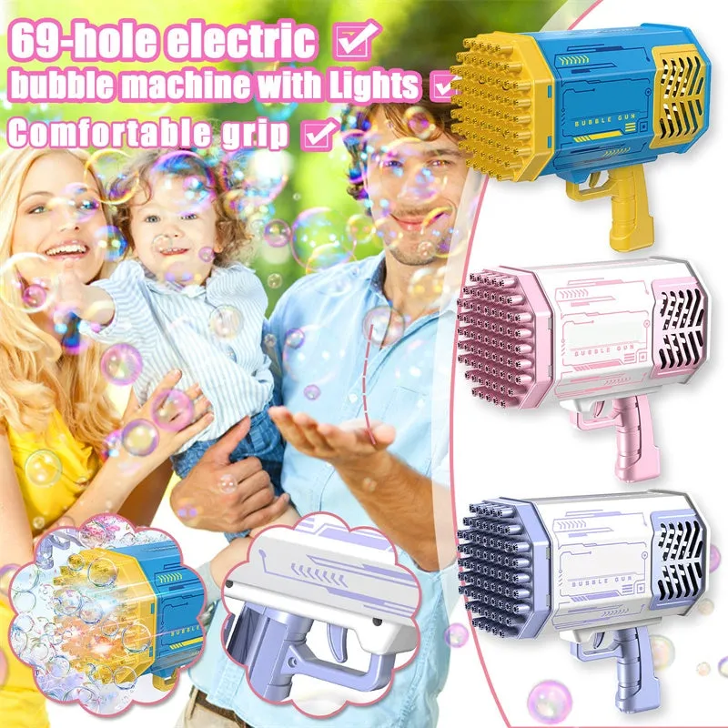 Kids 69 Holes Automatic Bubble Gun Electric Rocket Boom Light Up Music Bubble Machine
