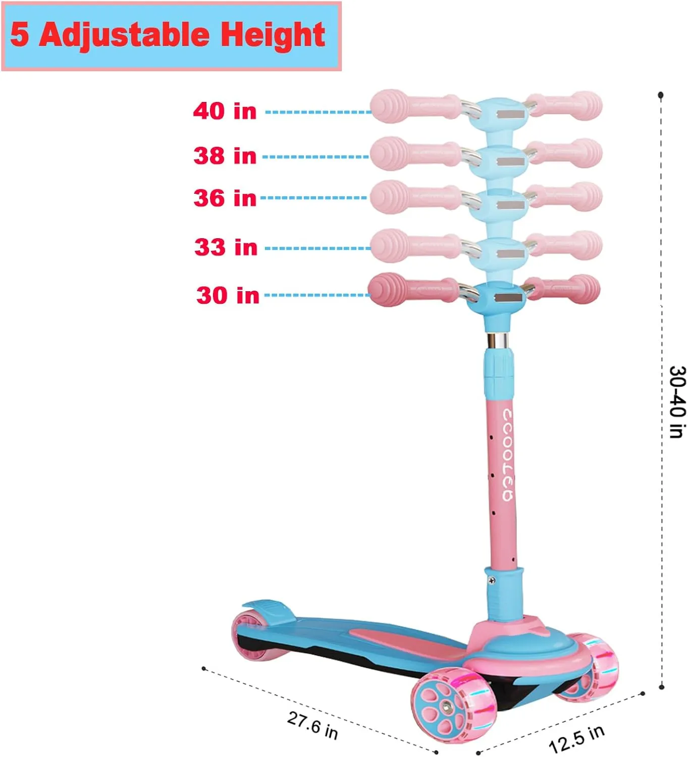 Kids Ages 3-12$ 5 Adjustable Height Foldable additional decrease Scooter with 3 LED Light Wheels$ Outdoor Activities for Toddlers Boys Girls$ Max Load up to 240 lbs Kick Scooter for 