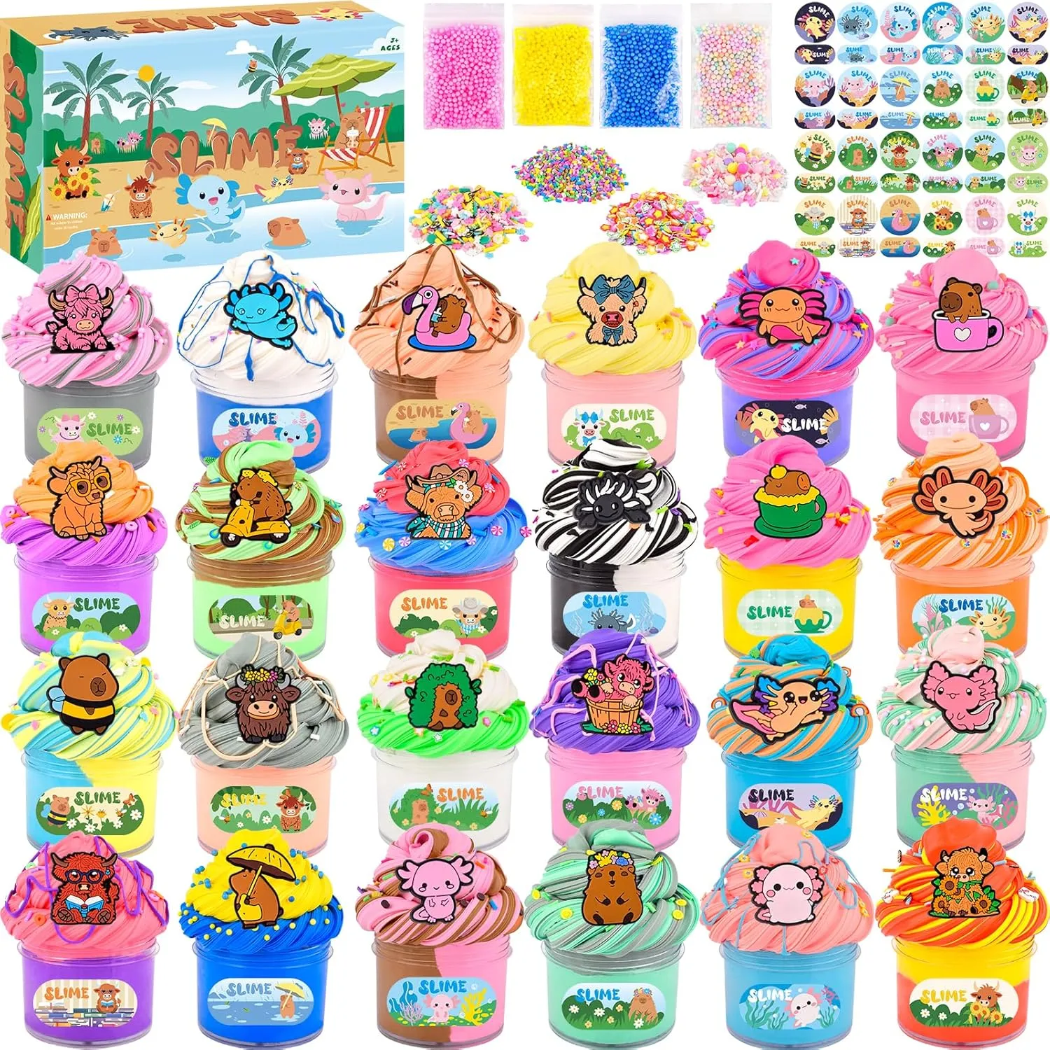 Kids$ Party Favors for Toddlers Teens Girls and Boys 24 Pack Axolotl Butter Slime Kit$ freshly hardworking eruption micron Highland Cattle Capibara Slime$ Internet Popular Animal Slime Charms$ Soft Slimes$ Stress Relief Toys for 