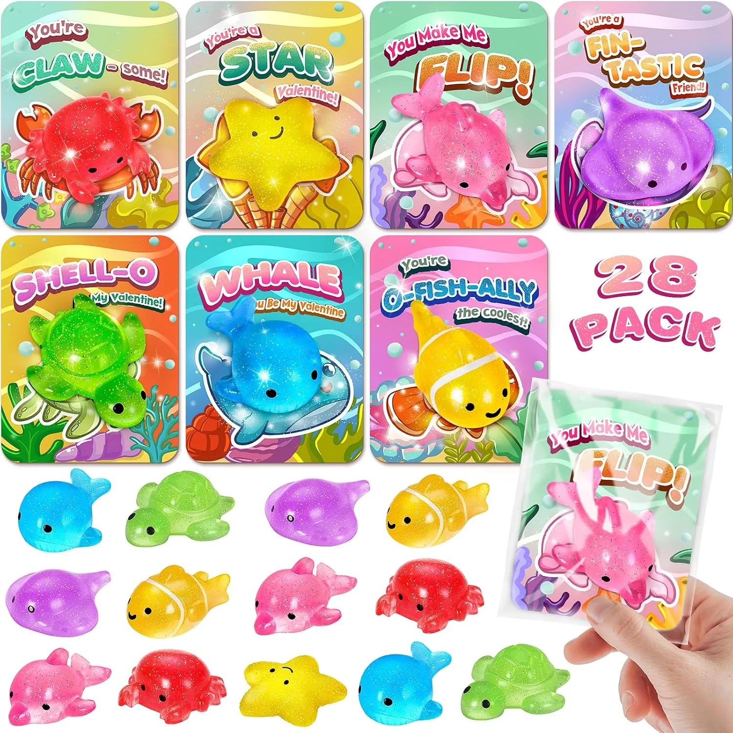 Kids Valentines' Cards$ Valentines' Day Exchange Gifts for Kids$ Ideal Valentines' either count hitherto Party Favor Classroom Prizes Day Cards for School$ 28 Pcs Cute Ocean Squishy Toys with 