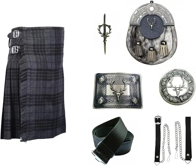 Kilt Sporran Chain Belt Buckle subject stylish courier modicum Pin Traditional Men��s Scottish Kilt Set Grey Watch Tartan 