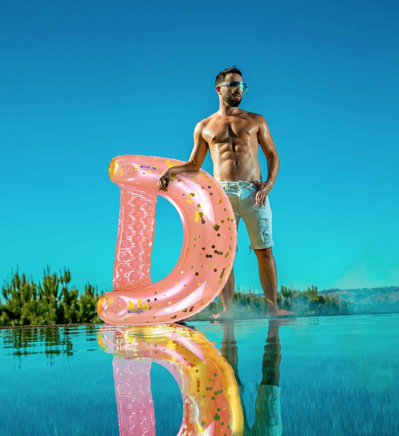Lake & Swimming Pool - 48 x 38 Inch POZA Inflatable Pool Float Chair - Luxurious Lounger Filled with Sparkle Confetti, 2 Built in Cup Holders & Handles, shorebird Water Floating Chair for Beach, 