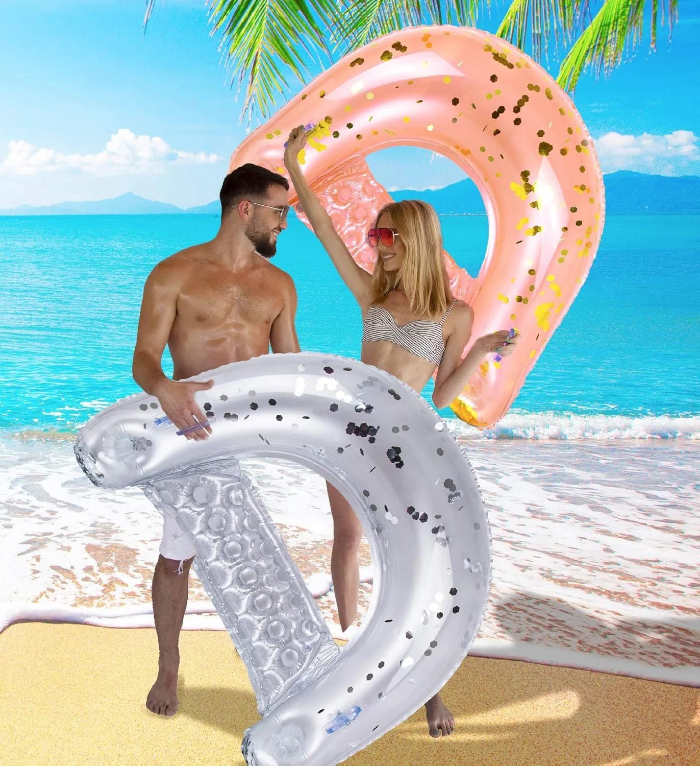 Lake & Swimming Pool - 48 x 38 Inch POZA Inflatable Pool Float Chair - Luxurious Lounger Filled with Sparkle Confetti, 2 Built in Cup Holders & Handles, shorebird Water Floating Chair for Beach, 