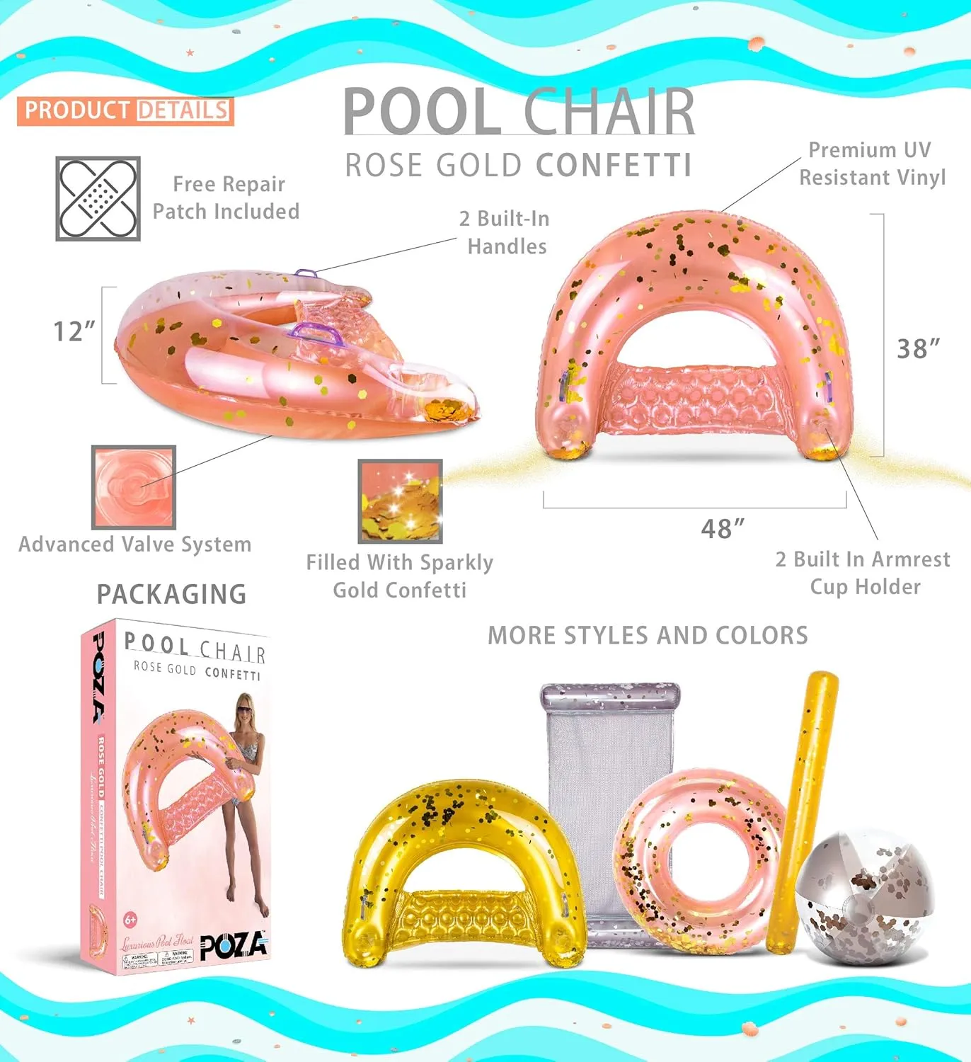 Lake & Swimming Pool - 48 x 38 Inch POZA Inflatable Pool Float Chair - Luxurious Lounger Filled with Sparkle Confetti, 2 Built in Cup Holders & Handles, shorebird Water Floating Chair for Beach, 
