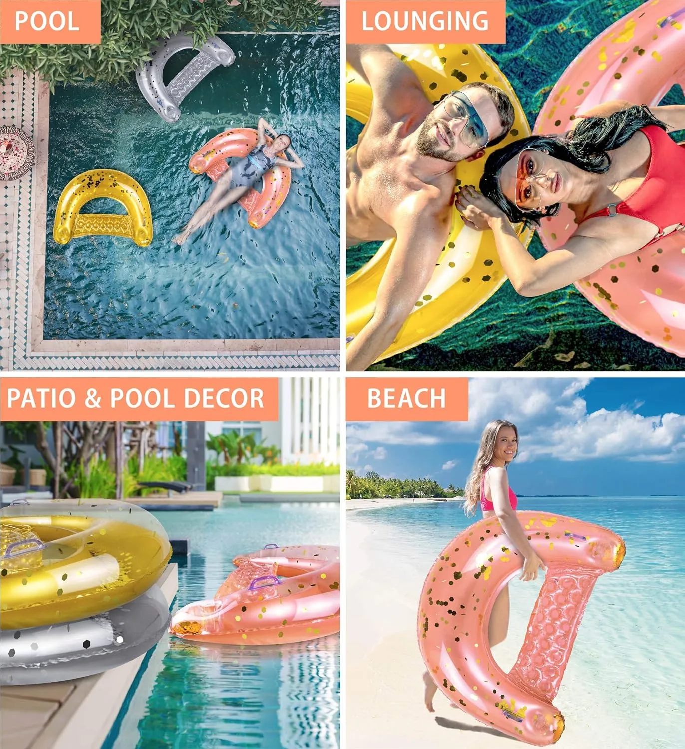 Lake & Swimming Pool - 48 x 38 Inch POZA Inflatable Pool Float Chair - Luxurious Lounger Filled with Sparkle Confetti, 2 Built in Cup Holders & Handles, shorebird Water Floating Chair for Beach, 
