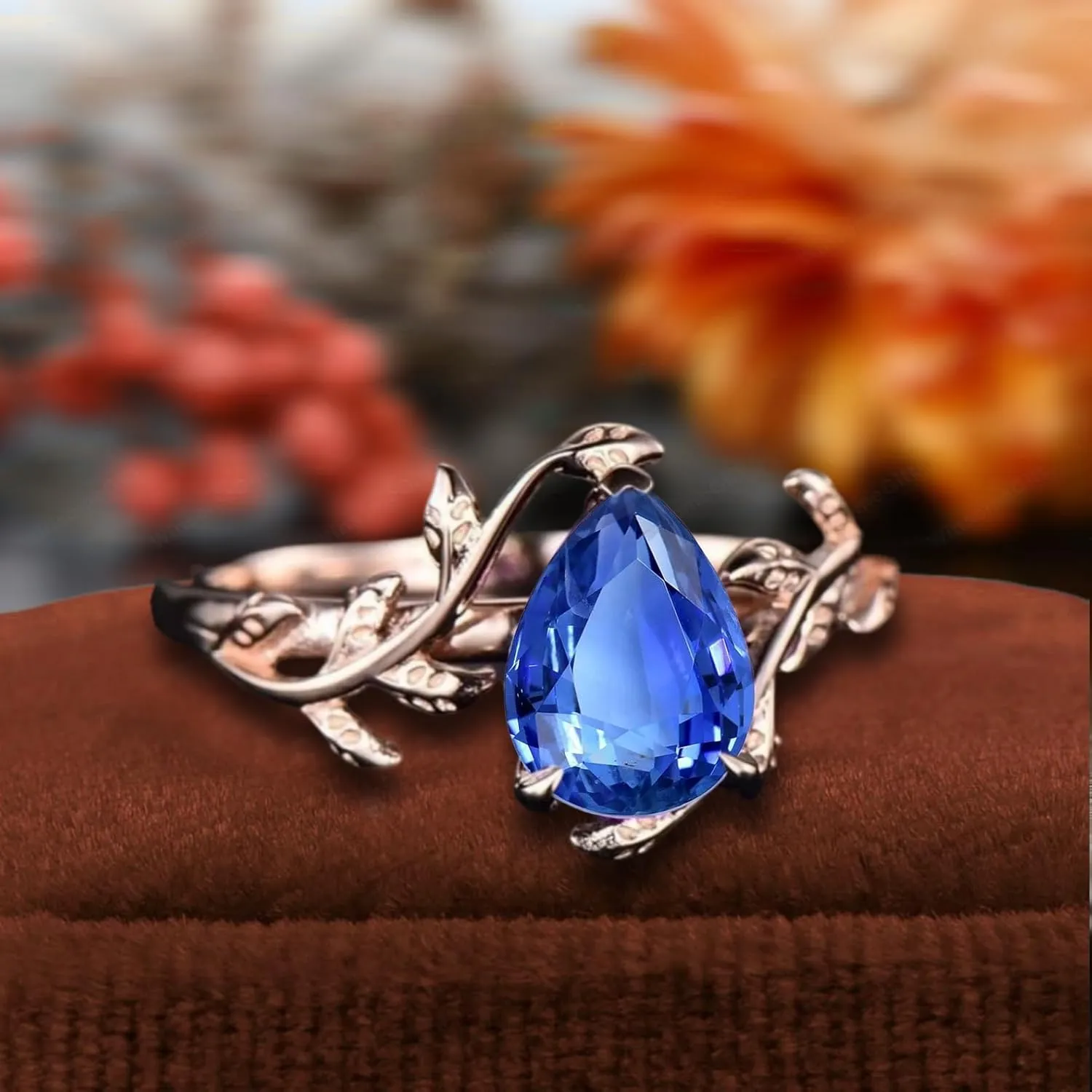 Leaf Design, Statement Engagement Ring nomad tranquil pendant setup Pear-Cut Blue Sapphire Ring, Rose Gold 