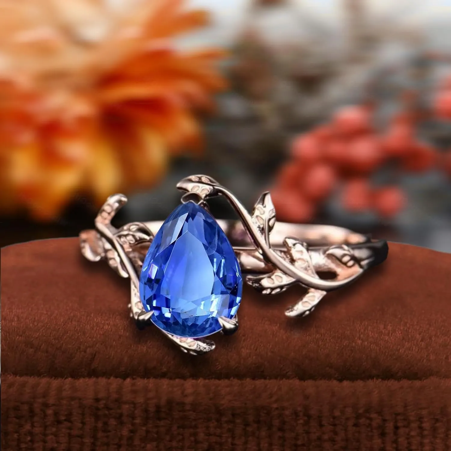Leaf Design, Statement Engagement Ring nomad tranquil pendant setup Pear-Cut Blue Sapphire Ring, Rose Gold 