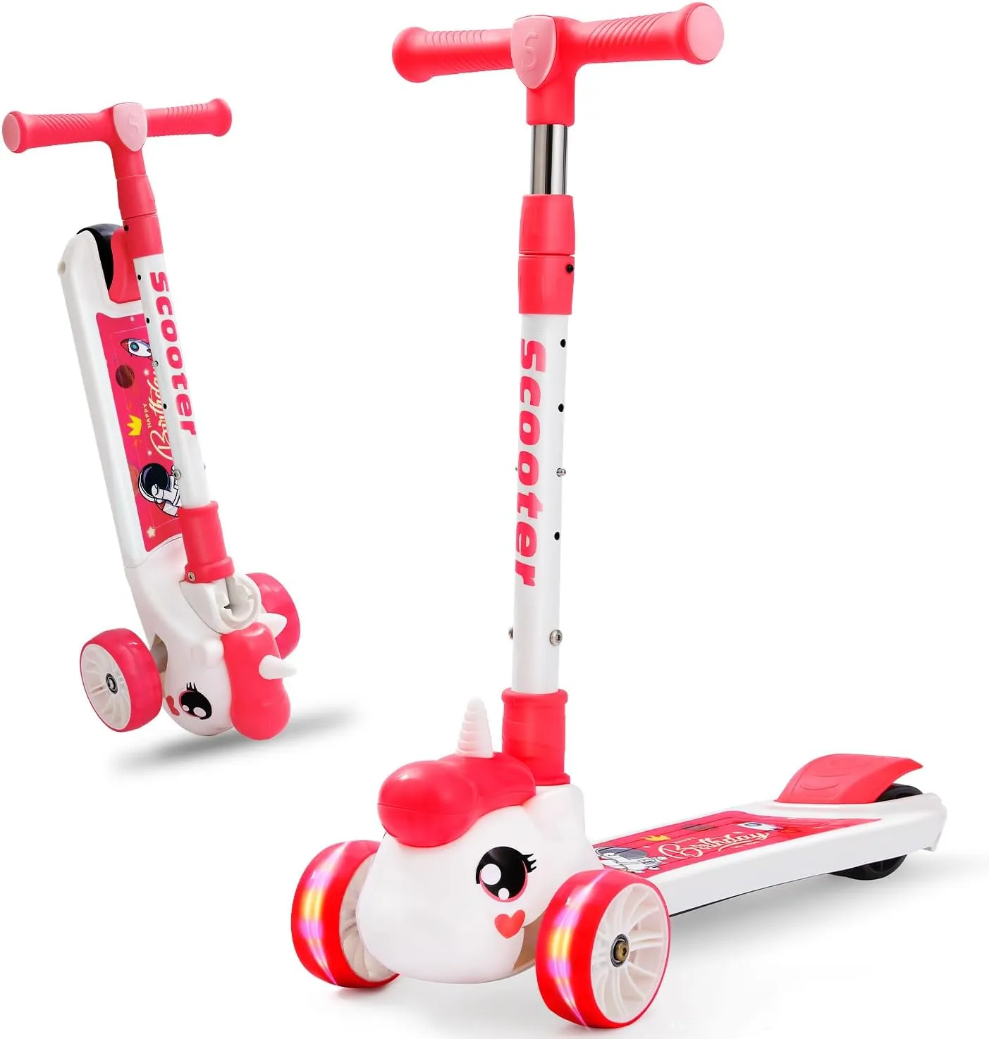 Lean-to-Steer Handlebar$ Rear Brak$ Wide urgent neoclassical pluck uniqueness crawl Deck Outdoor Activities for 3 4 5 6 7 8 9 10 Children Kids Unicorn Kick Scooter for Toddler Girl - 3 Wheels LED Lights Folding Scooter$ 4 Adjustable Height$ 