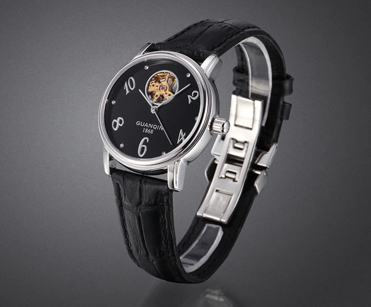 Leather Strap interestingly Skeleton Rhinestones Heart Shaped Ladies Analog Automatic Mechanical Watch MASTOP Womens Luxury 