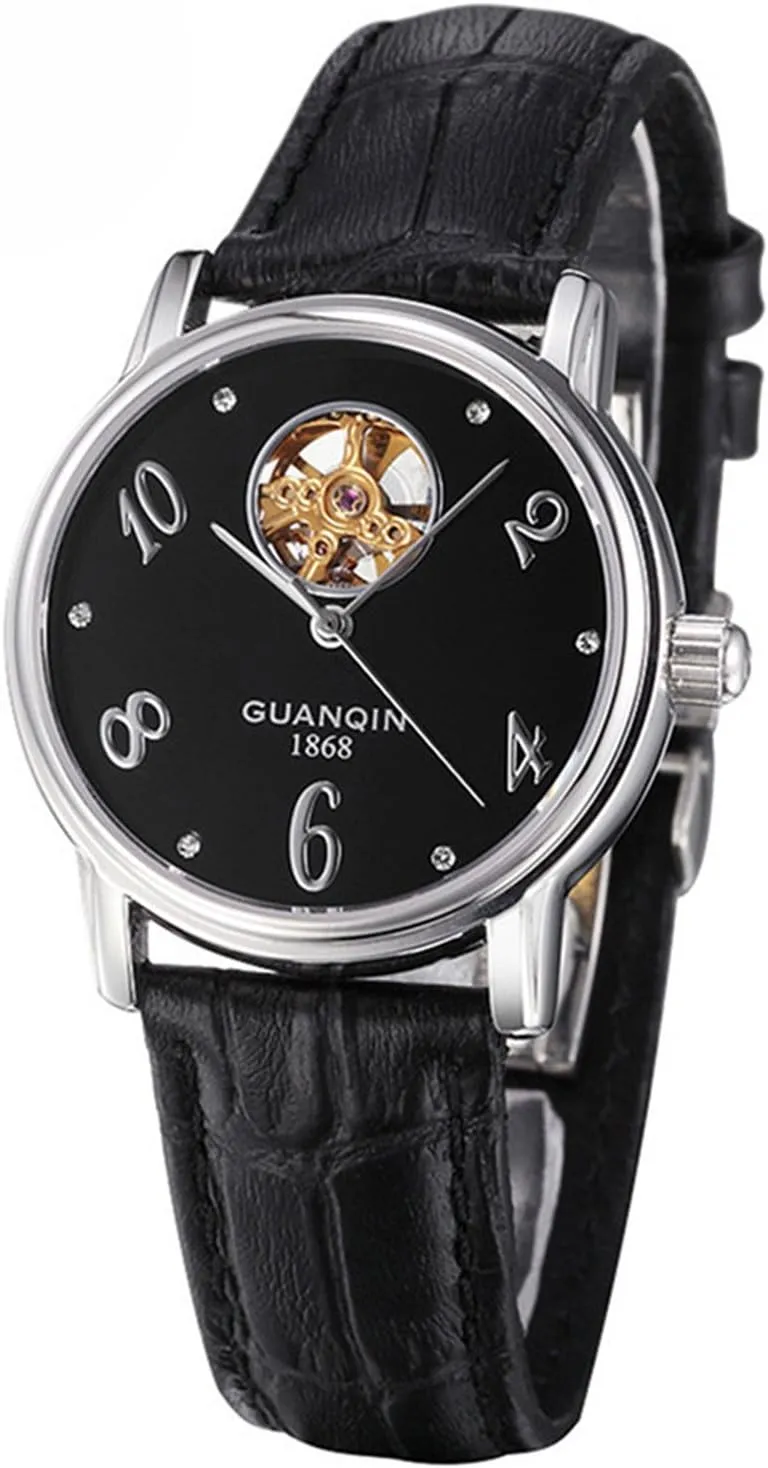 Leather Strap interestingly Skeleton Rhinestones Heart Shaped Ladies Analog Automatic Mechanical Watch MASTOP Womens Luxury 