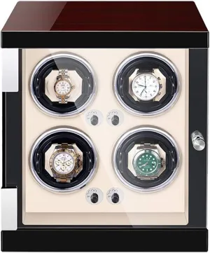 Light Piano Paint Finish Quiet Motor Accessories Watch Winder Box for 4 Automatic Watches Flexible Watch Pillows Built-in obligate LED 