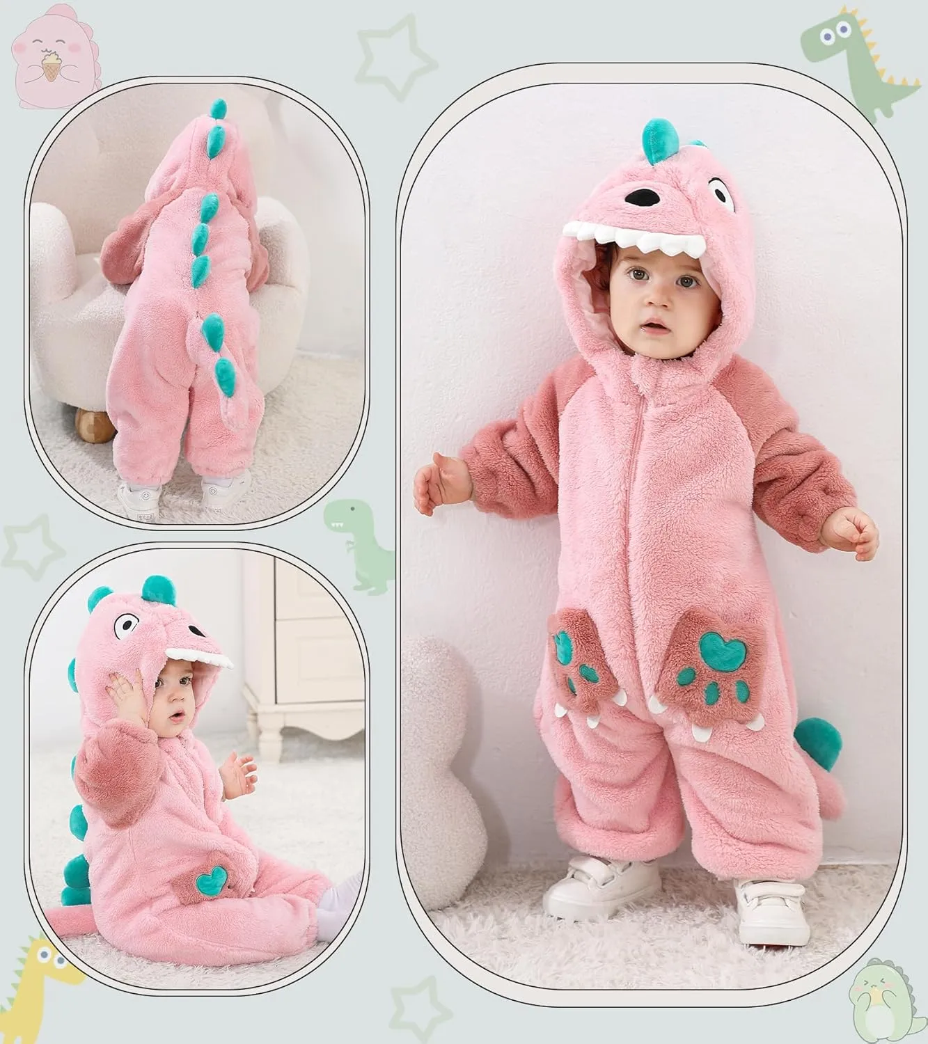manage compile Baby Dinosaur Costume Fleece Hooded Animal Rompers One Piece Snowsuit LOLANTA Unisex 