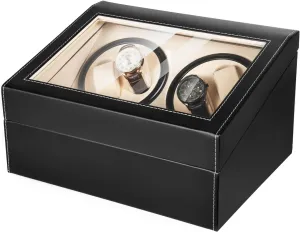 Mechanical Watches Jewelry Valuable opponent Items(11.81 * 9.44in) Leather Watch Storage Holder Watch Case, 4 6 Automatic Watch Winder, 100-240V 50/60Hz 0.3A Rotating Display Box Black Khaki for 