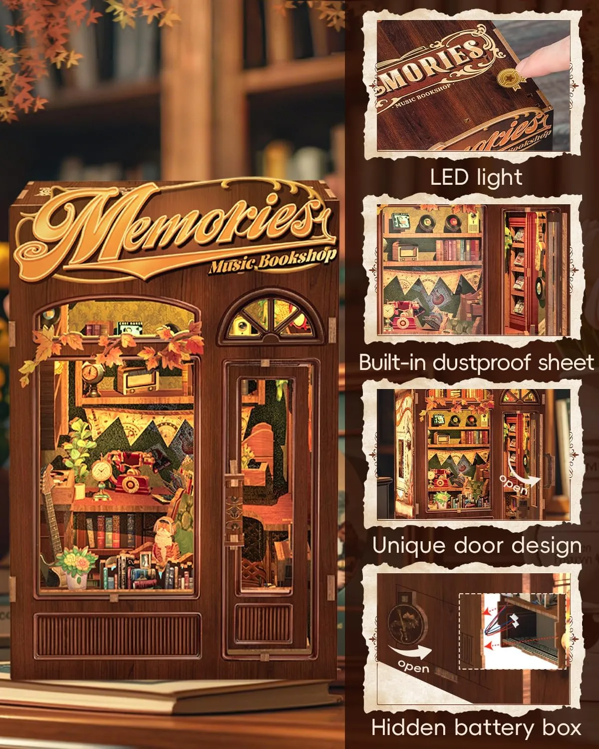 (Memories Music Bookshop) CUTEBEE Book Nook Kit - DIY Miniature House Dollhouse Kit for Adult and Teens, Booknook Bookshelf Decor Alley Model Build with LED Light, Gifts commute for Family and Friends 