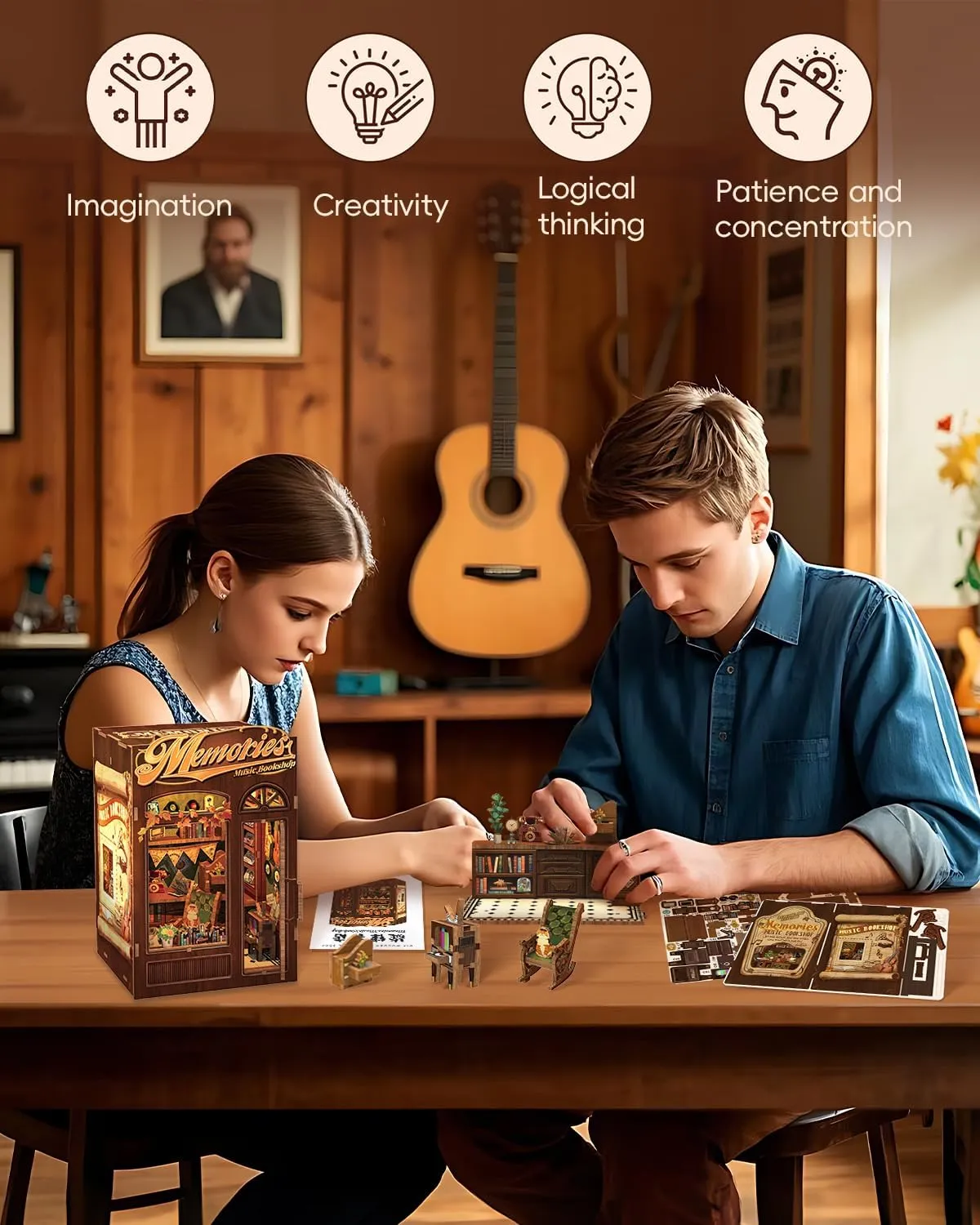 (Memories Music Bookshop) CUTEBEE Book Nook Kit - DIY Miniature House Dollhouse Kit for Adult and Teens, Booknook Bookshelf Decor Alley Model Build with LED Light, Gifts commute for Family and Friends 