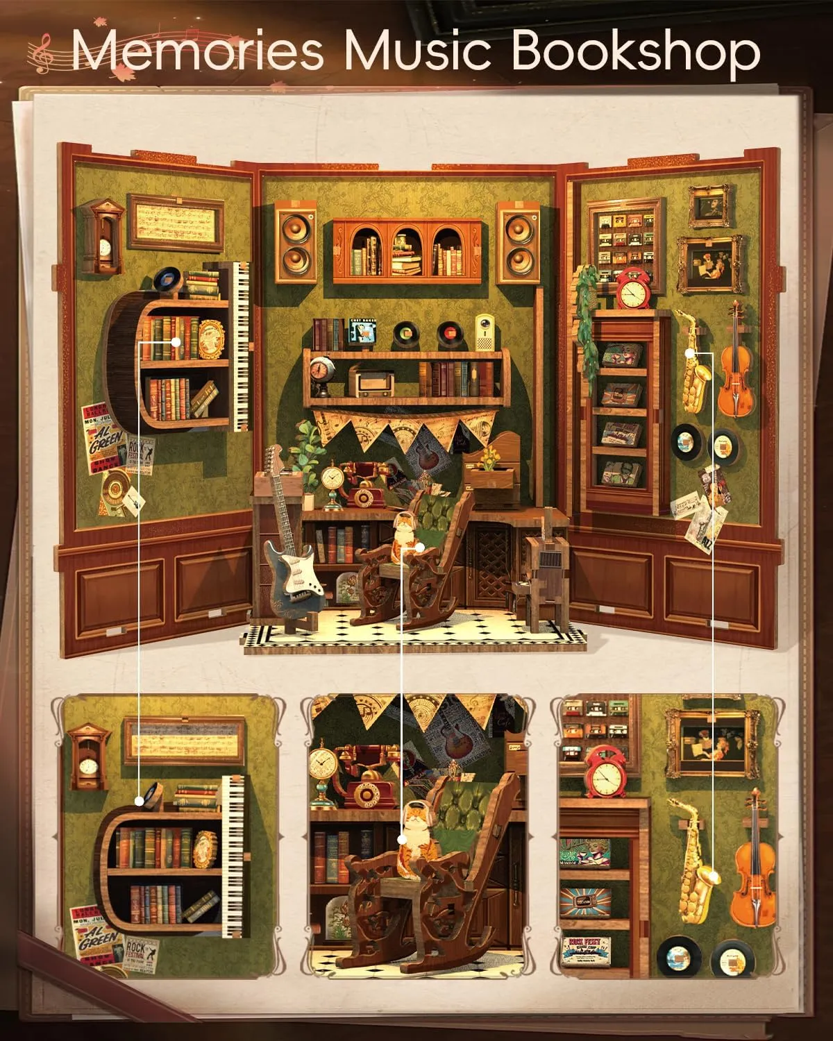 (Memories Music Bookshop) CUTEBEE Book Nook Kit - DIY Miniature House Dollhouse Kit for Adult and Teens, Booknook Bookshelf Decor Alley Model Build with LED Light, Gifts commute for Family and Friends 